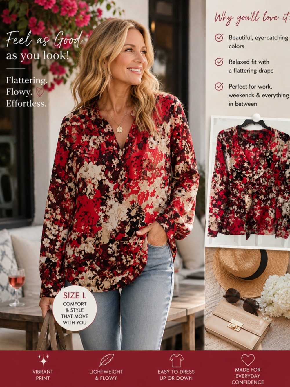 Dana Buchman Floral Blouse | Size 14 (Fits Like L) | Roll-Tab Sleeves | EUC